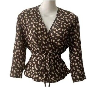 The Limited Brown/Cream long sleeve polka dot wrap around blouse sheer Medium